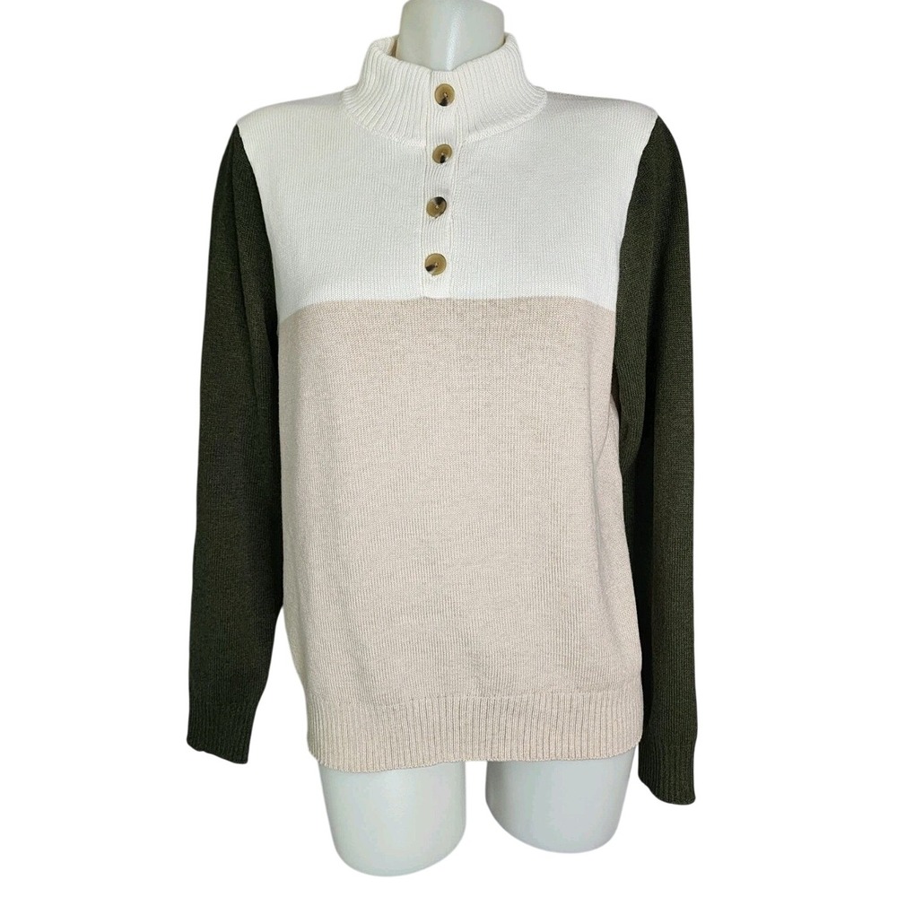 J.Crew Color Block‎ Mock Neck Sweater Pullover Mens Medium Beige Green Button Up